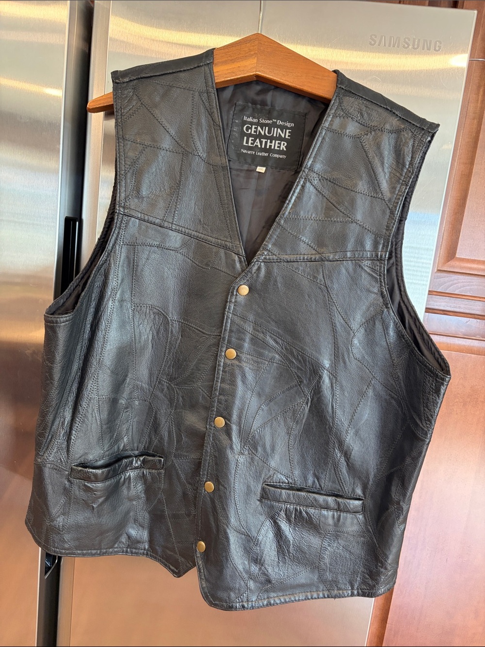 Genuine Leather Black Men's Vest - Classic Patchwork Design